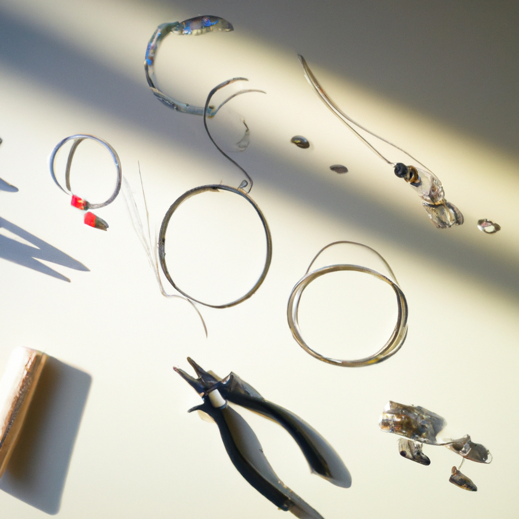 Flatlay of handmade jewelry tools and brass wire on a minimalist craft table, softly lit for high detail